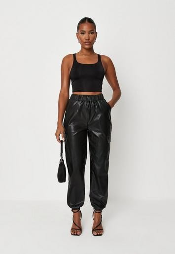 Missguided - Black Faux Leather Cargo Joggers | Missguided (UK & IE)