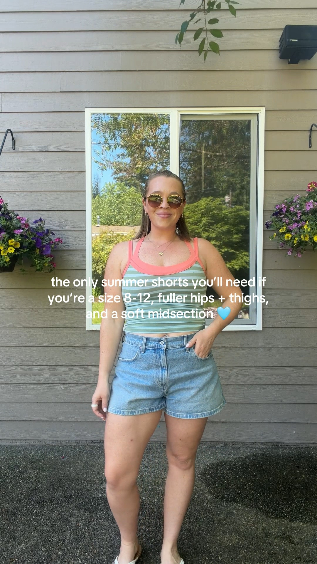 The best summer shorts! Run TTS. Wearing a size 29 in the color light wash. Wearing a medium tank and large sports bra. 🧡💚 size 8/10 | M\L | 5’4"

#LTKActive #LTKMidsize #LTKootd