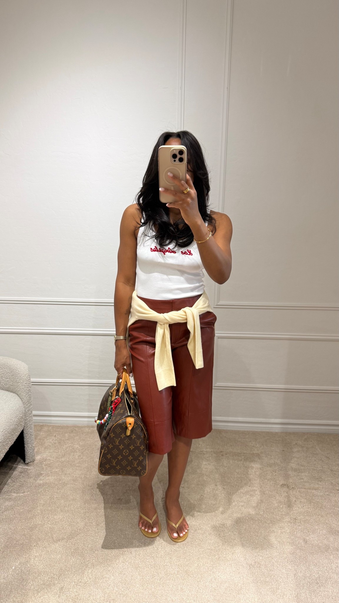 Spring outfit, faux leather Bermuda shorts 