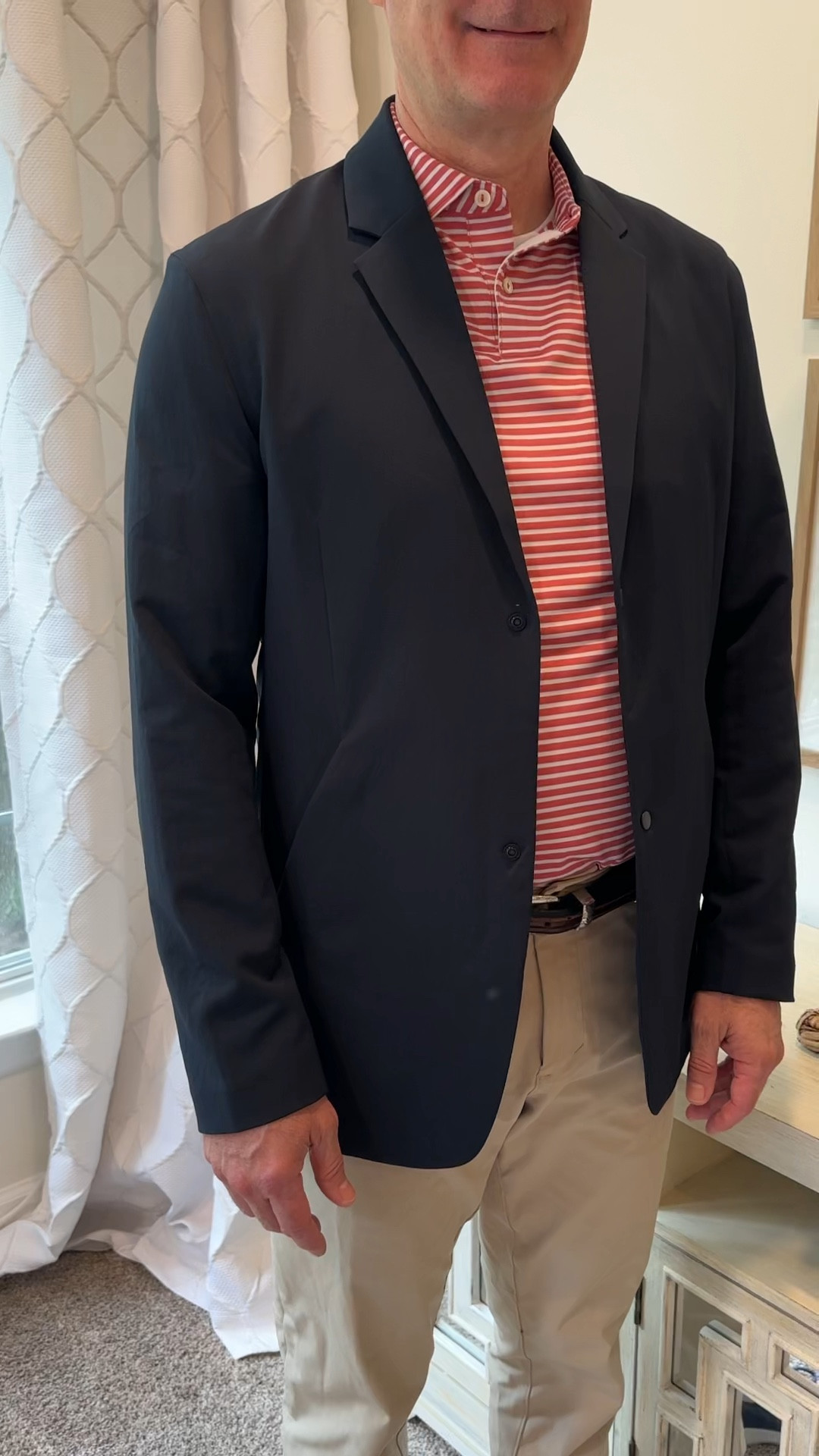 Update your guys fashion!!! 

Lululemon navy blazer. Classic with just casual styling. There are snaps in stead of buttons. A zippered interior pocket. 

Excellent for travel. No wrinkle. Washable. 

He’s 6 ft tall and is wearing a L. He normally wears a size 42 suit coat. 

Pants are a great update to khaki too  

#LTKmens #LTKworkwear #LTKFind