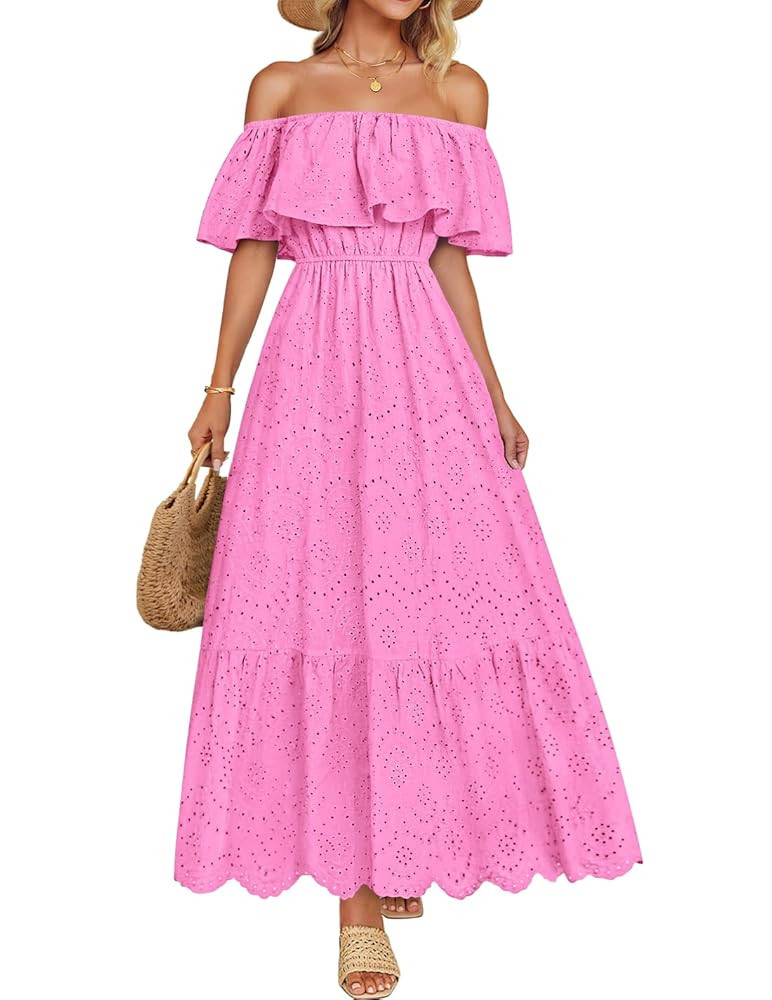 ZESICA Women's 2025 Summer Off Shoulder Ruffle Midi Dress Short Sleeve High Waist Hollow Out Embr... | Amazon (US)