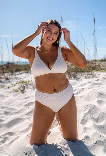 White bikini set from cupshe: mid rise bottom and v neck top with removable pads wearing size L

DISCOUNT CODE: BEREZ15: 15% off orders $70+ BEREZ20: 20% off orders $109+ 

#cupshe #springbreak #whiteswimsuit #cupsheswimsuit 

#LTKU #LTKFind #LTKswim