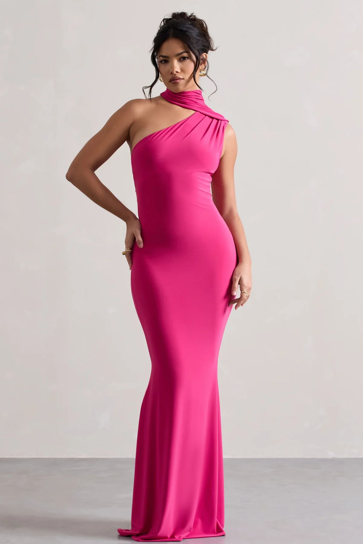 Capucine | Pink Asymmetric Draped Maxi Dress | Club L London