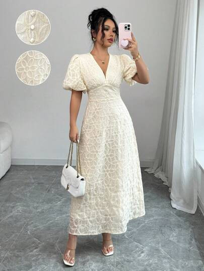 Elenzga Vestido largo de verano de estilo francés casual y elegante para mujer con cuello en V, ... | SHEIN