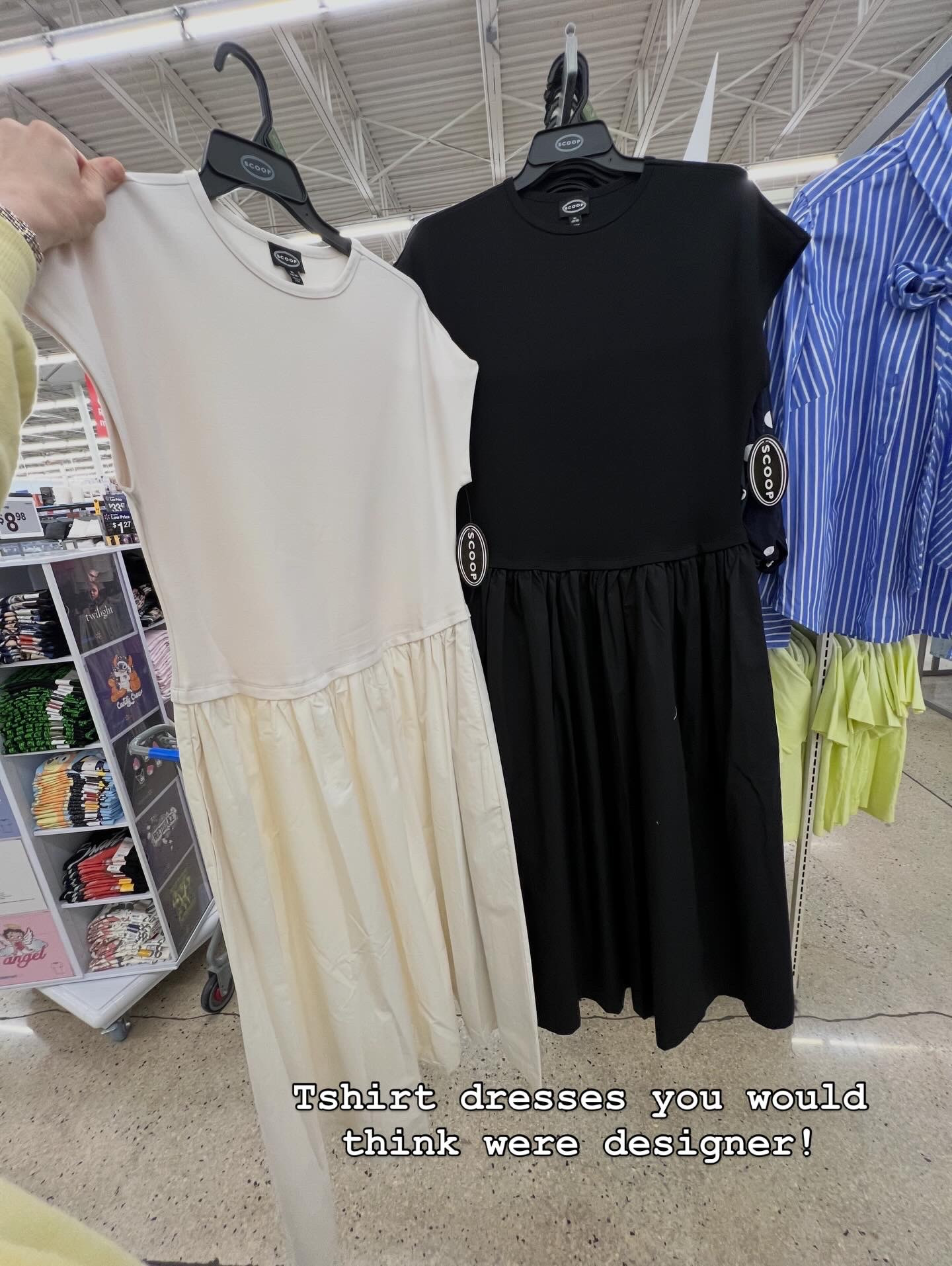 Walmart short sleeves midi dresses, stretchy on top and woven on the bottom. 