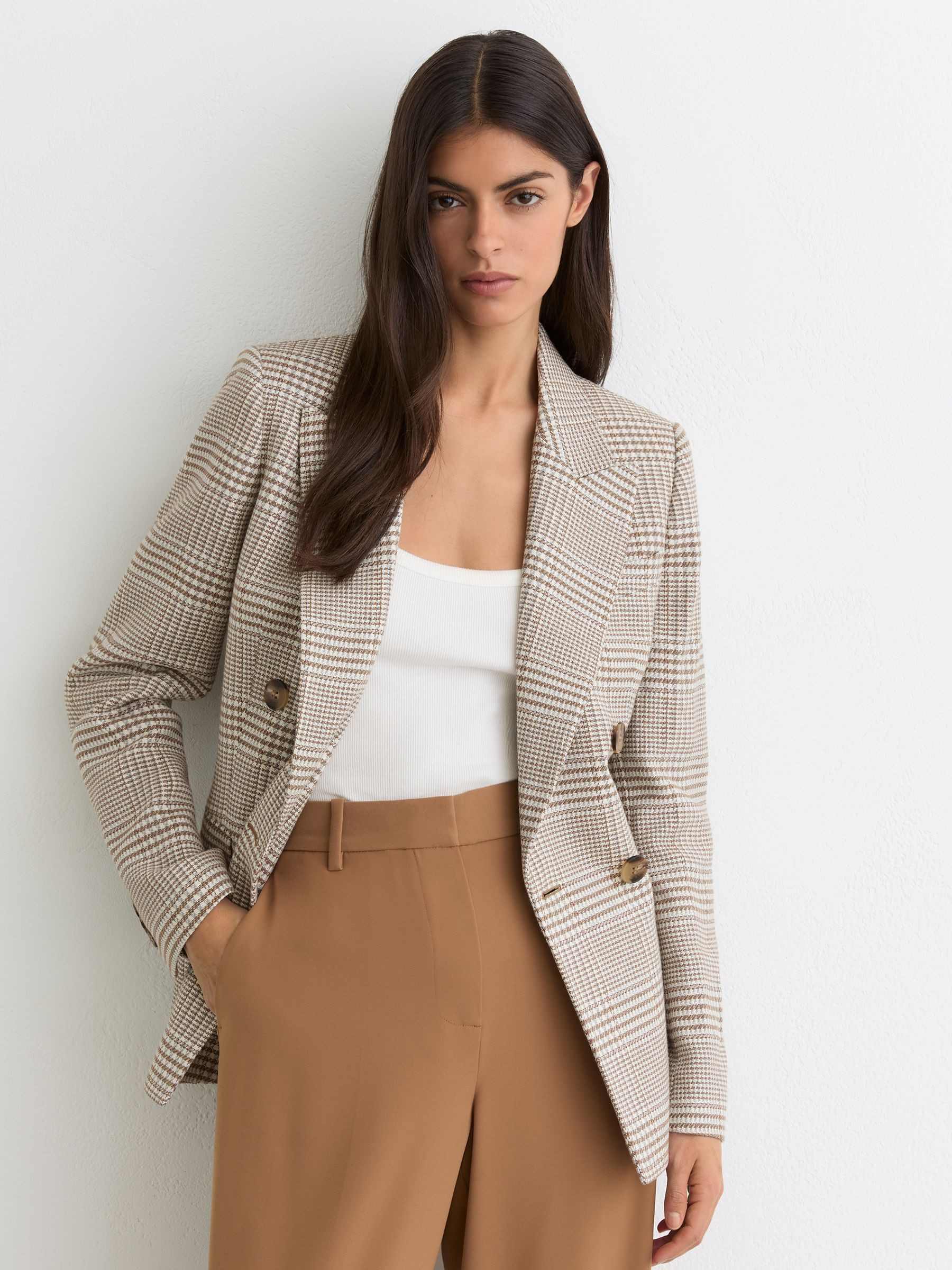 Reiss Petite Double-Breasted Check Blazer Cotton-Linen in Neutral - REISS | Reiss UK