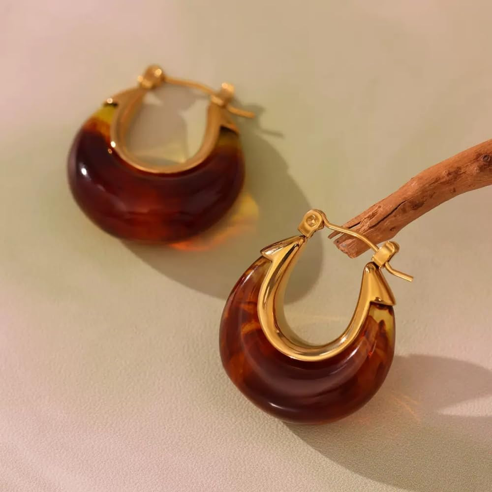 Brown Chunky Small Hoop Earrings for Women Fashion Dainty Stainless Steel Gold-tone Resin U Shaped Huggie Hoops Trendy Jewelry for Her Bff | Amazon (US)