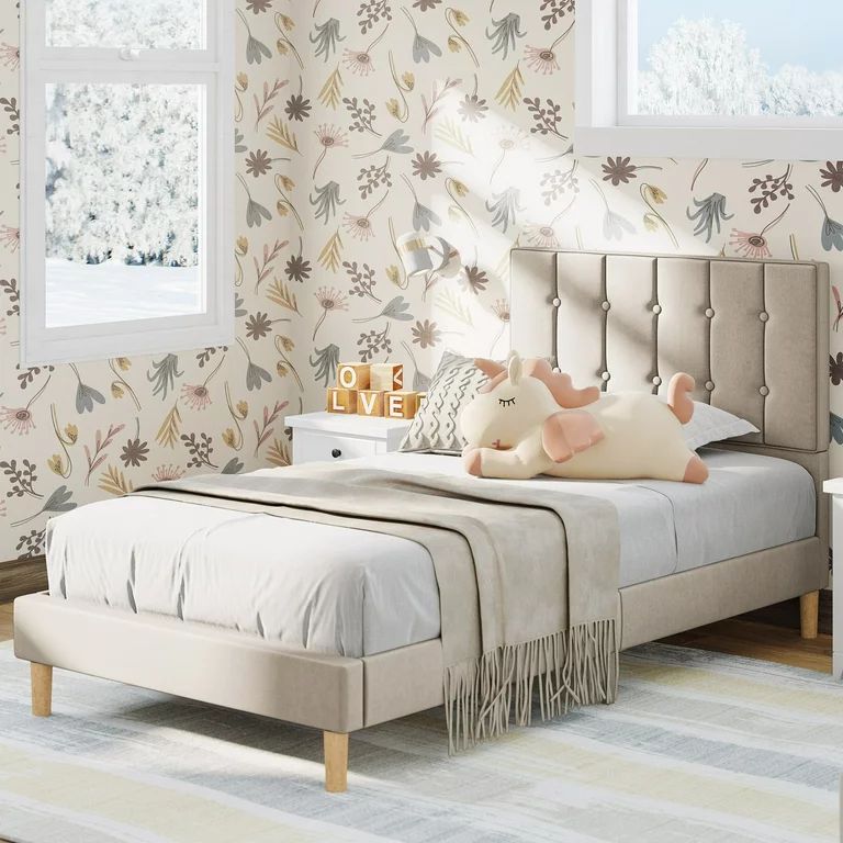LIKIMIO Twin Bed Frame with Upholstered Headboard for Kids, No Box Spring Needed, Beige | Walmart (US)