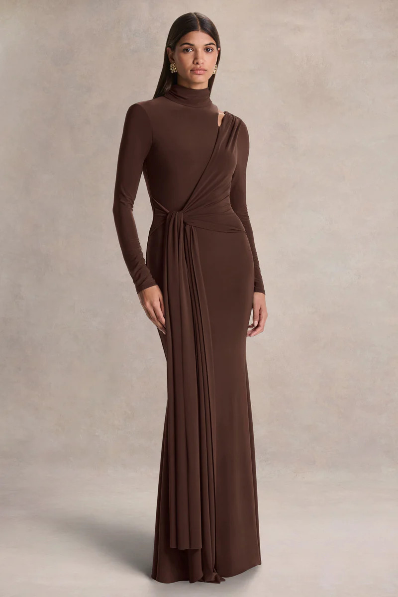 Alastrina  Brown High-Neck Maxi Dress With Gathered-Detailing | Club L London