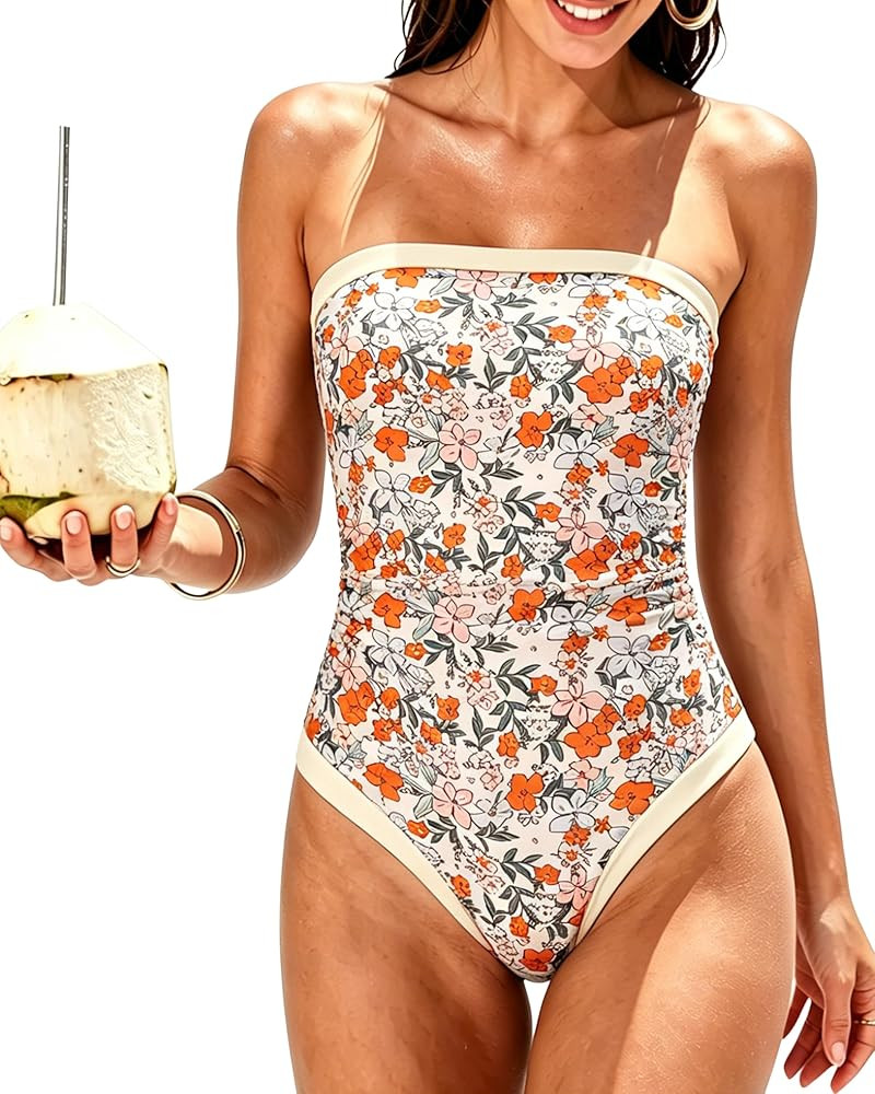 SUUKSESS Women One Piece Tummy Control Swimsuit Strapless Bandeau Bathing Suit | Amazon (US)