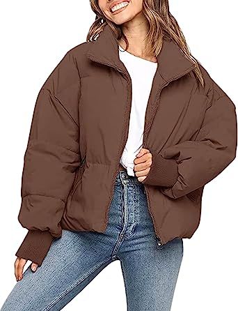 InterNos Women's Winter Stand Collar Zip Puffer Jacket Baggy Short Padded Down Coats | Amazon (US)