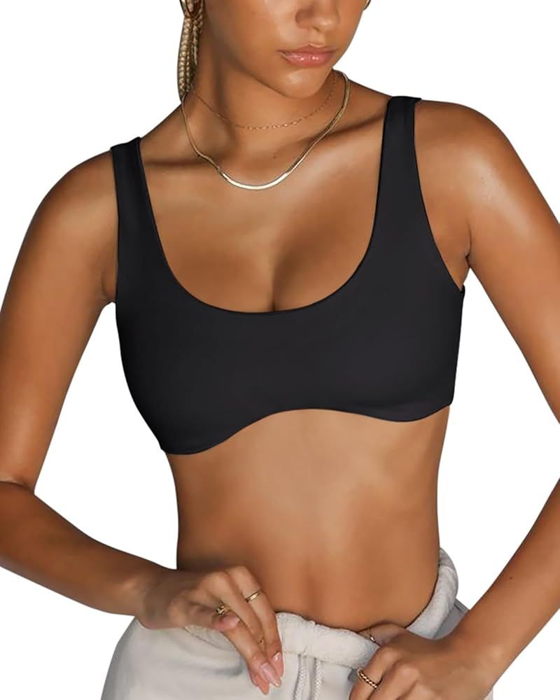 LASLULU Sexy Sports Bras for Women Scoop Neck Sleeveless Padded Bra Workout Yoga Bra Crop Top | Amazon (US)