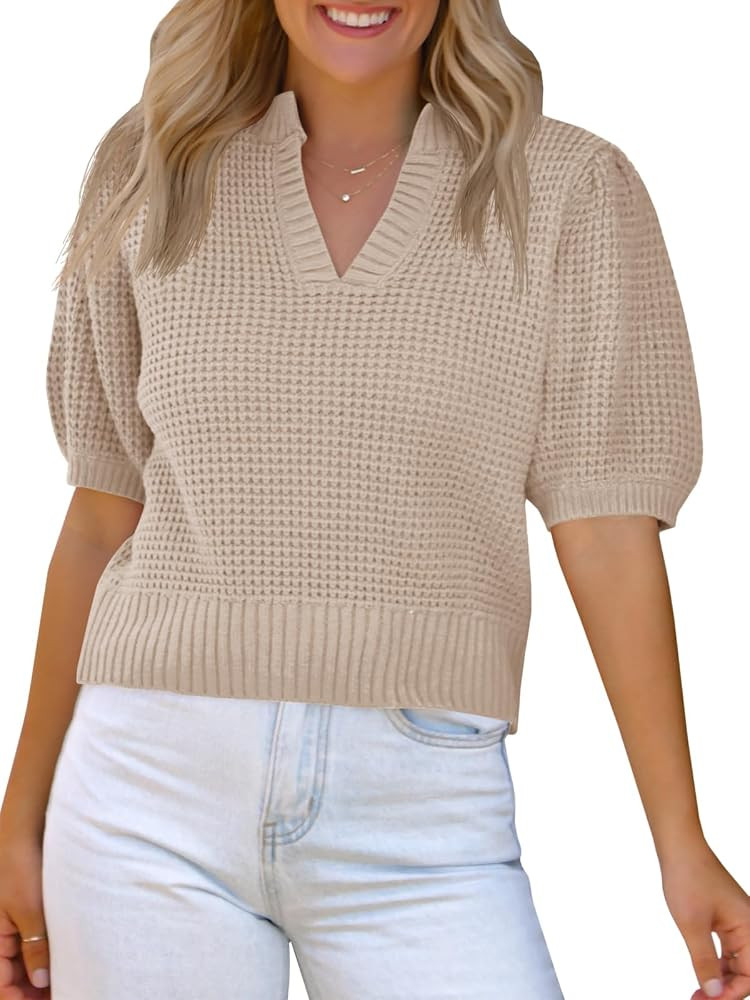 Saodimallsu Womens Puff Short Sleeve Sweater Top Waffle Knit V Neck Spring Summer Cropped Trendy ... | Amazon (US)