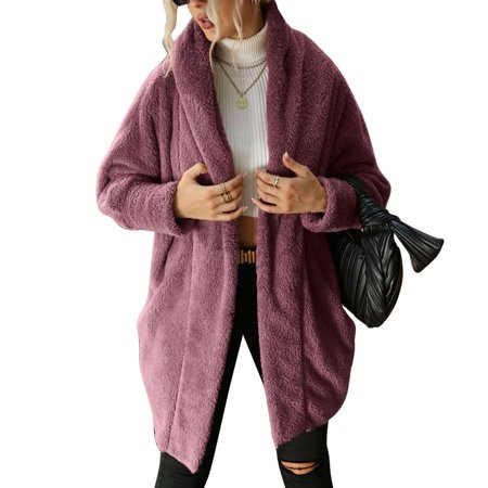 Estrela Women Sweater Fuzzy Coat Open Front Turn Down Collar Loose Fitting Pure Color Long Fuzzy Coat with Pockets Purple L | Walmart (US)