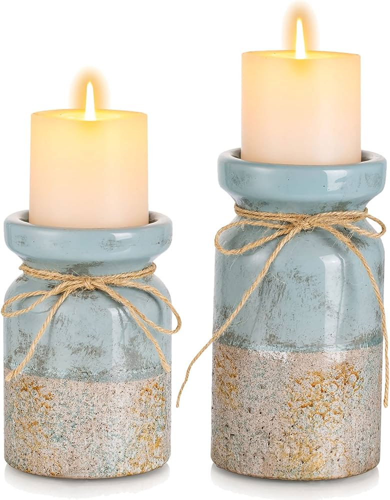 Romadedi Beach Pillar Candle Holder - Terracotta Distressed Blue Teal Ocean Theme Decor Drift Bot... | Amazon (US)