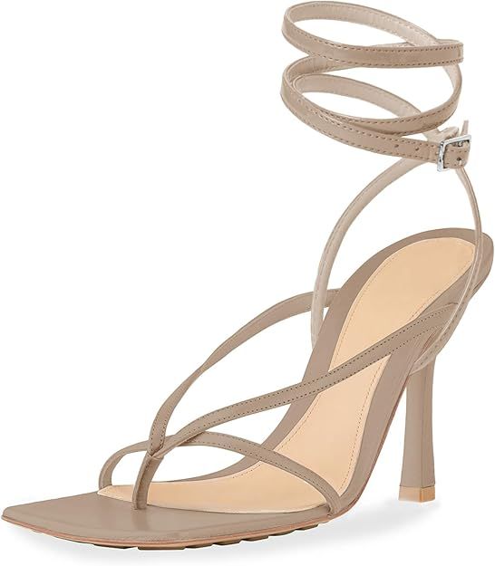 Coutgo Women's Lace Up Heeled Sandals Flip Flop Pumps Square Open Toe Strappy Stiletto Heels Summ... | Amazon (US)