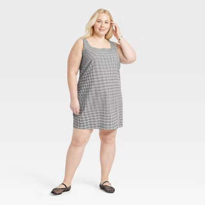 Women's Tank Mini Shift Dress - A New Day™ Black Gingham XXL: Cotton-Linen Blend, Squareneck, S... | Target