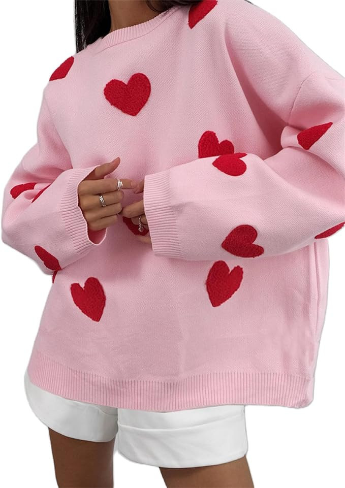 Women Cute Oversized Sweater Y2k Heart Print Long Sleeve Knit Pullover Jumper Crewneck Loose Swea... | Amazon (US)