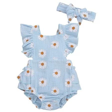 Livingsenburg Newborn Baby Girl Daisy Printed Romper Jumpsuit Headband Outfit | Walmart (US)