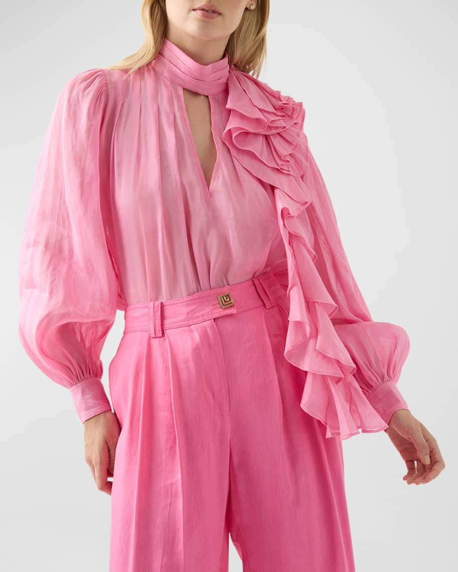 Aje Aura Frilled-Tie Keyhole Silk Linen Blouse | Neiman Marcus