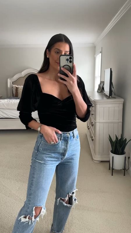Date night outfit - Abercrombie jeans - Abercrombie - high waisted jeans - agolde jeans - jeans - revolve - sheer sleeve body suit - Amazon body suit - date night 

#LTKstyletip #LTKSeasonal