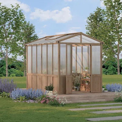8x10FT Wooden Greenhouse with Cedar Frame, Outdoor Wood Greenhouses with Roof Vent, Wood and Polycarbonate Walk-in Greenhouse | Wayfair North America
