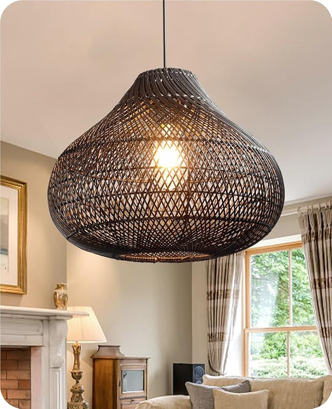 Karjear Black Rattan Chandelier 16.5 inch Pendant Lights Hanging Light | Amazon (US)