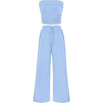 PRETTYGARDEN Womens Summer Outfits 2 Piece Sets Casual Ribbed Knit Crop Tube Top Wide Leg Pants S... | Amazon (US)