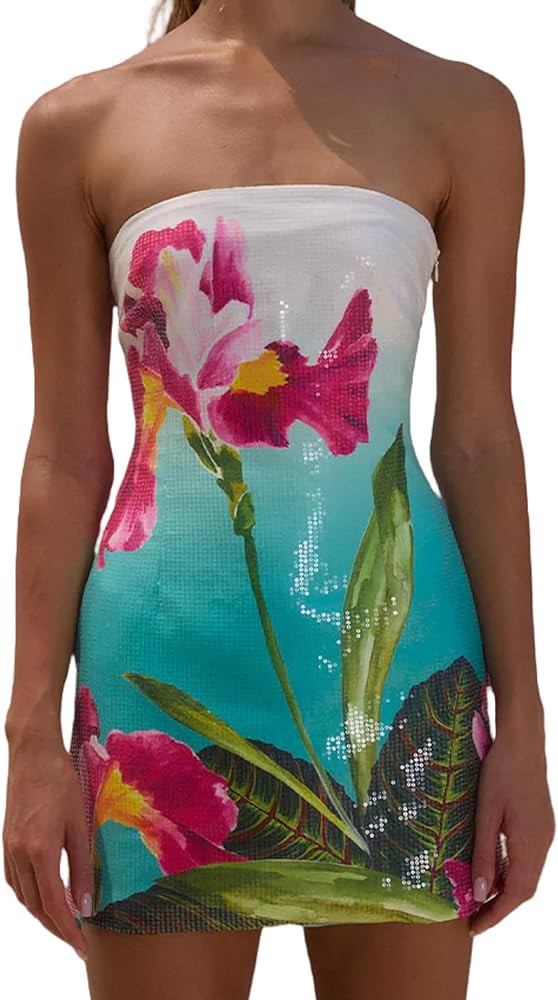Women Strapless Sequin Mini Dress Sexy Floral Bandeau Short Dress Y2k Sparkly Night Party Bodycon... | Amazon (US)