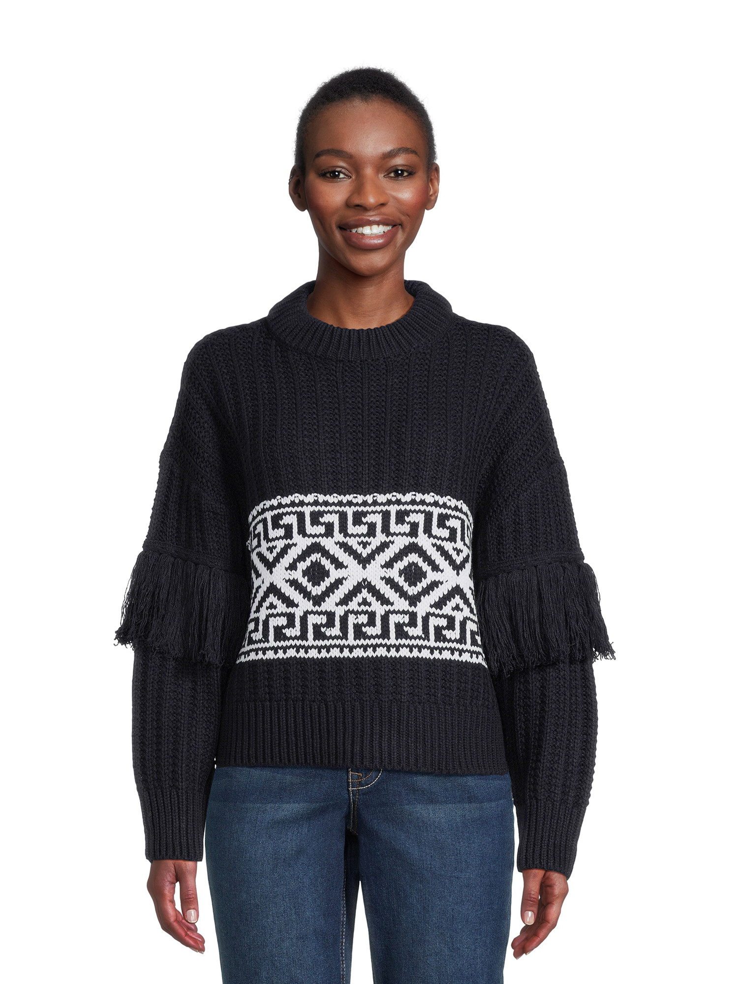 RD Style Women's Fringe Sleeve Crewneck Sweater, Midweight, Sizes S-3XL | Walmart (US)
