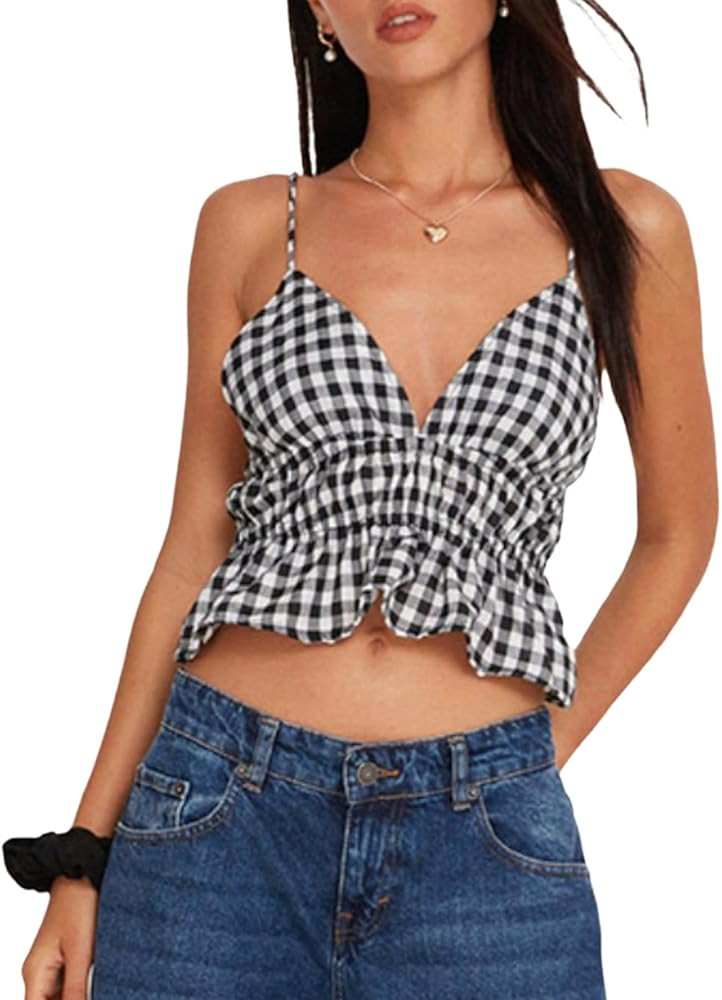 Womens Sexy Lace Trim Camisole Tank Tops Y2k Slim Fit Corset Going Out Streetwear Ruffle Spaghett... | Amazon (US)