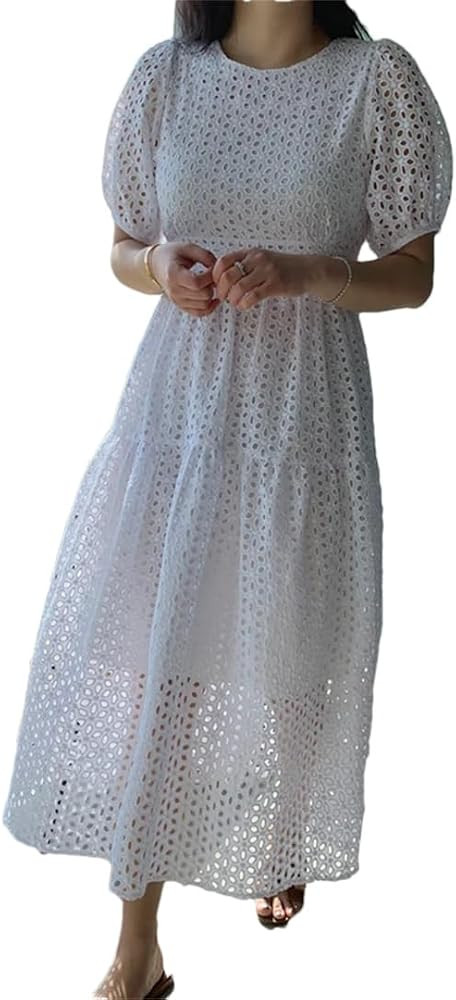 Women Sexy Office Chic O Neck Embroidery Hollow Out High Waist Long Dress | Amazon (US)