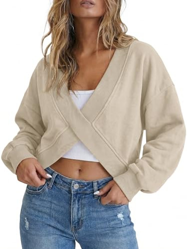 Fisoew Women's Reversible Wrap Sweatshirt Off Shoulder Long Sleeve Athletic T Shirts Workout Tops Y2K Fall Winter Clothes Khaki | Amazon (US)