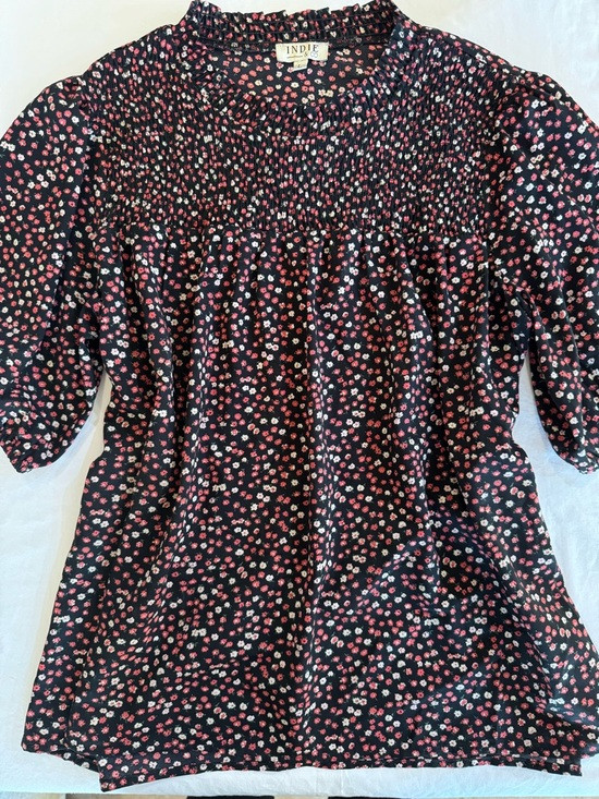 Indie & Co Floral Smocked Black Blouse with Pink & White Flowers L | Poshmark