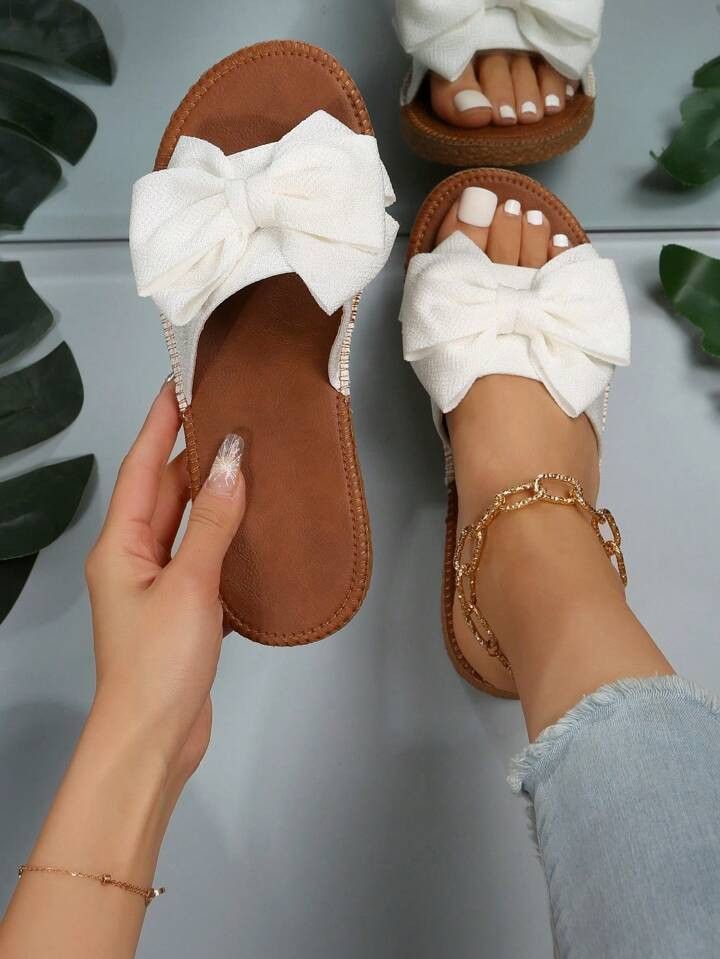 Preppy Slide Sandals For Women, Bow Decor Single Band Flat Sandals | SHEIN