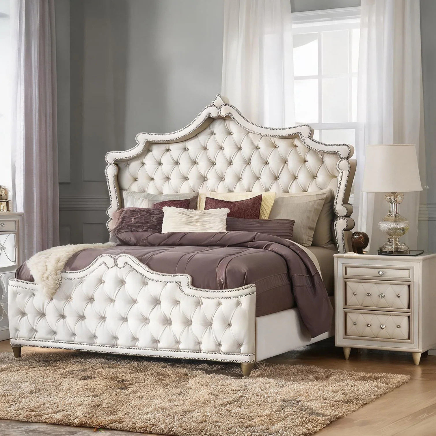 SunJet King Upholstered Panel Bed in Neutral Beige Velvet with Tufted Headboard and Footboard French Provincial Style 87.75L x 85.75W x 79.25H inches | Lowe's