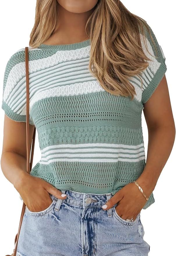 CiCiBird Women Casual Short Sleeve Sweaters Tops Cute Crew Neck Pullover Shirt Lightweight Knit S... | Amazon (US)