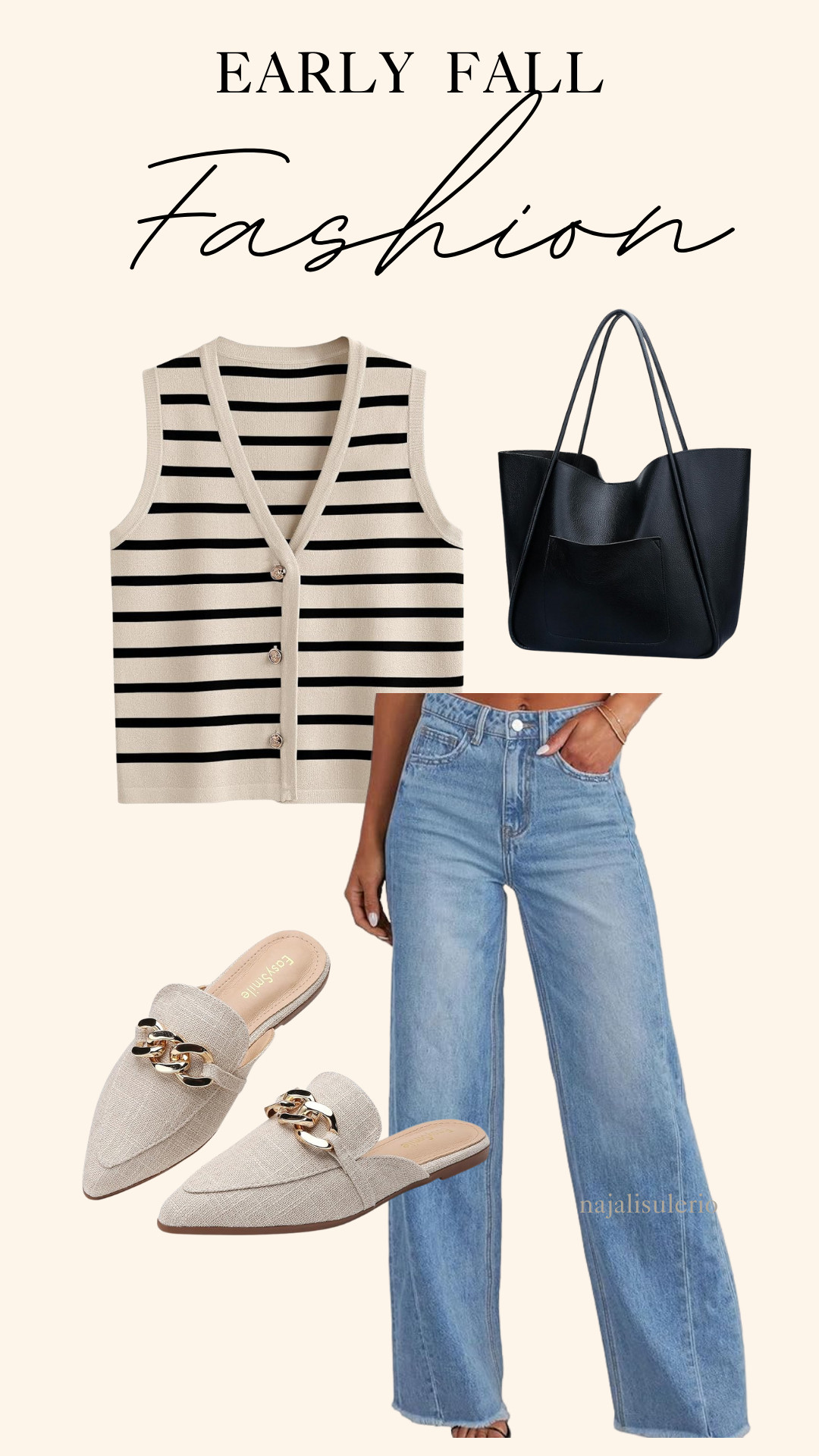 Early Fall Fashion Idea 🍂
Striped knit vest in cream + black, paired with light-wash wide-leg denim, neutral chain-detail mules, and a sleek black tote.

Perfect for coffee runs, casual Fridays, or weekend shopping trips. 

 #LTKFallSale #LTKSeasonal #LTKStyleTip