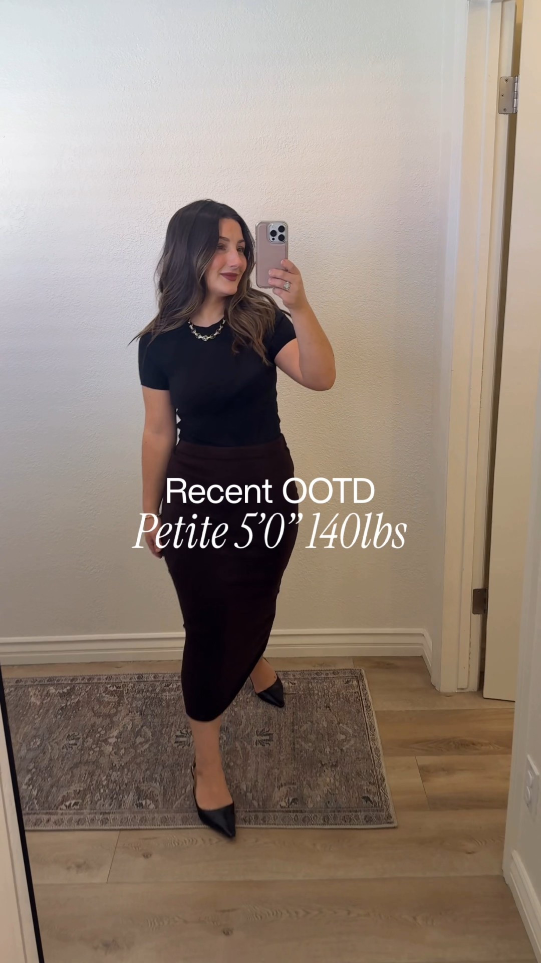 Up to 60% off today!! 

Effortless wardrobe staples 🤎 Loving this cashsoft black tee + midi skirt combo!! Soft, stretchy & so chic for fall into winter!

Baby tee size small petite 
Midi skirt size small petite color terra brown
5'0" 140lbs 

#LTKSaleAlert #LTKootd #LTKPetite