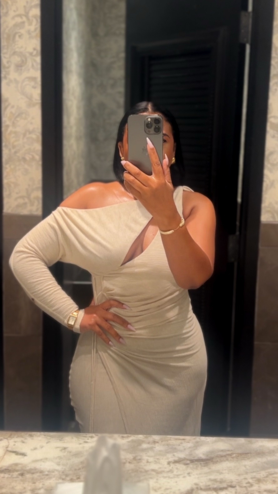This one-shoulder maxi dress is called the Ivory Odelia Crinkled Maxi Dress from JLuxLabel. This brand is not on LTK. 
• Wearing Size Small
• Stretchy
• Double lined
• Features a chest cutout with stylish shirring and drawstring ties with marble accents at the shoulder and side waist.

#LTKOver40 #LTKootd
