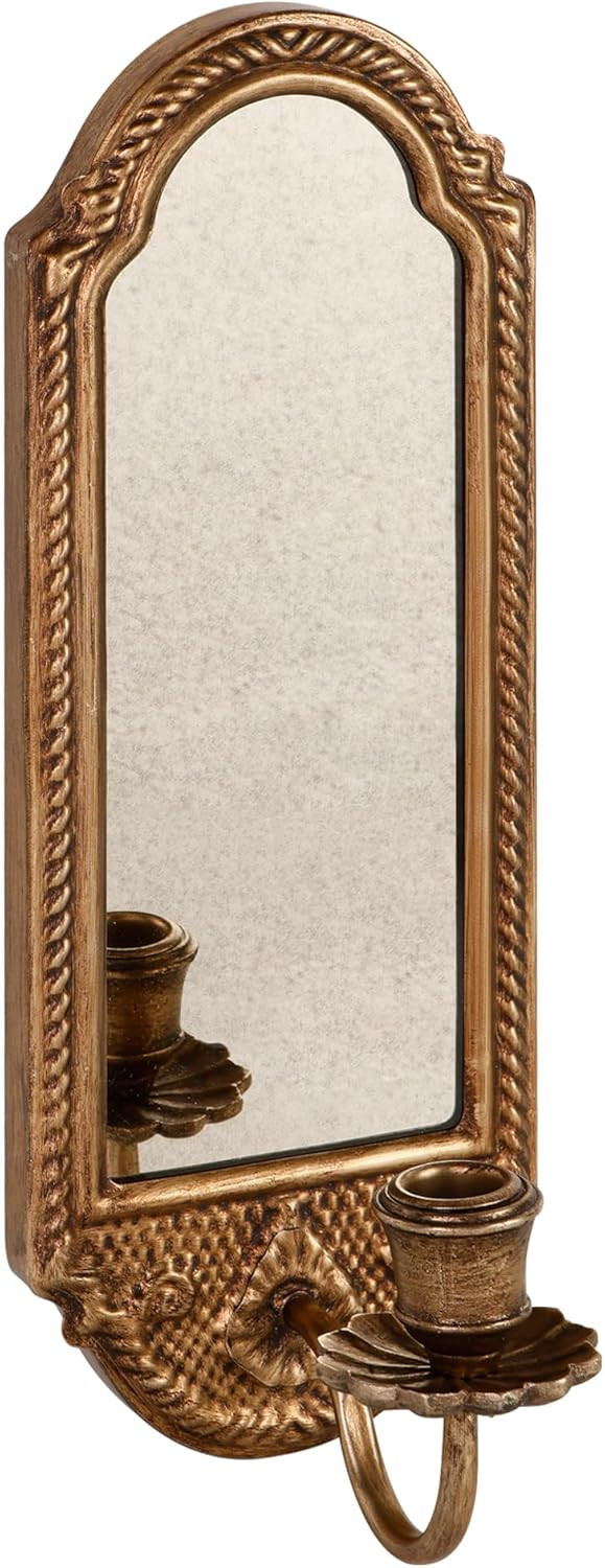 Vintage Gold Wall-Mounted Candle Sconce with Mirror - Floral Base & 3D Woven Texture for Bathroom, Dining Room, Entryway | Amazon (US)