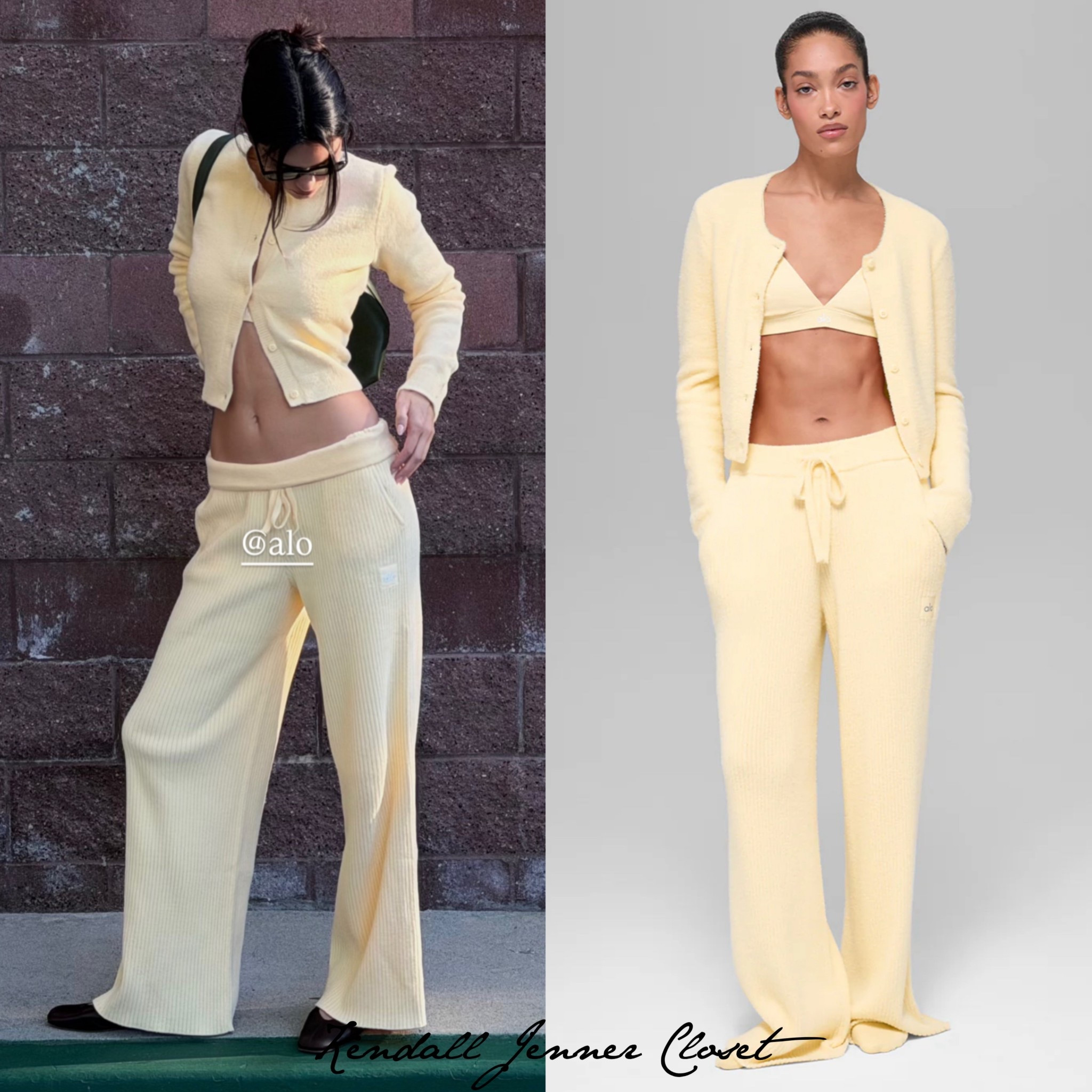 #KendallJenner via #Instagram 🧈 

She wears the #Alo ‘Snuggle Up Sweater Cropped Cardigan’ ($168) + ‘Splendor Bra’ ($68) + ‘Snuggle Up Sweater High-Waist Wide Leg Pant’ ($198) in candlelight yellow 🕯️ 


#LTKfitnessgoals #LTKootd #LTKActive