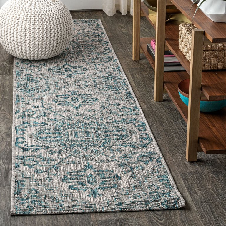 Estrella Bohemian Medallion Textured Weave Teal/Gray 2 ft. x 10 ft. Indoor/Outdoor Runner Rug | Walmart (US)