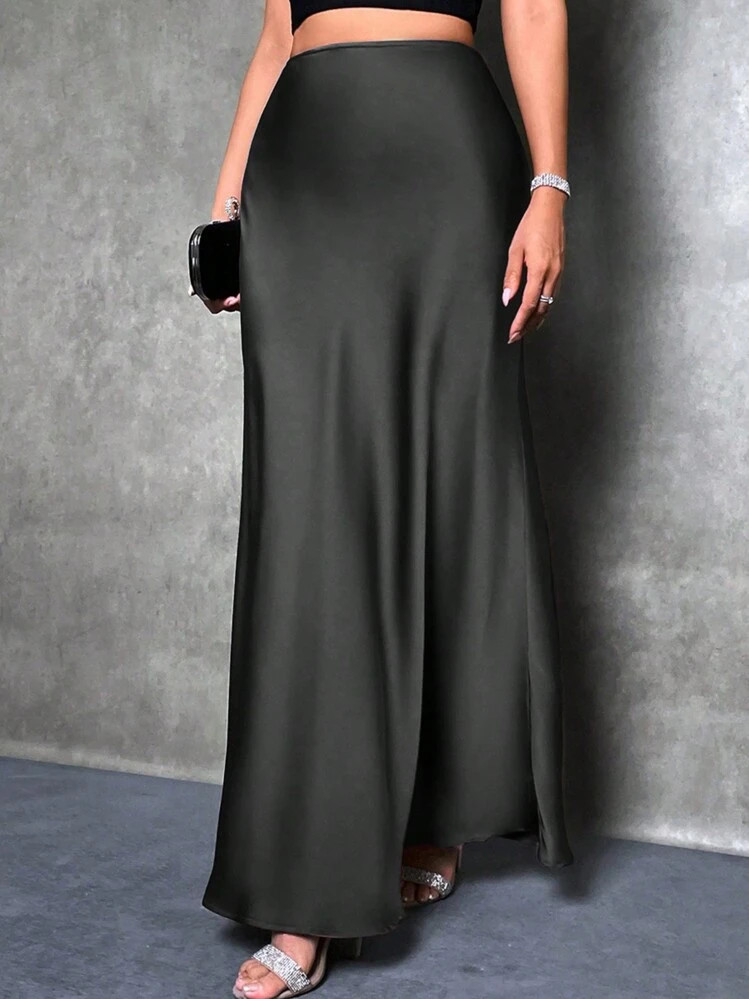 SHEIN PETITE Elegant Versatile Black Satin Skirt For Women, Girly Style Maxi Women Outfit | SHEIN