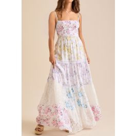 Delicate Floral Lace Panel Cami Shirred Maxi Dress for Seaside Vacations & Romantic Getaways | Chicwish