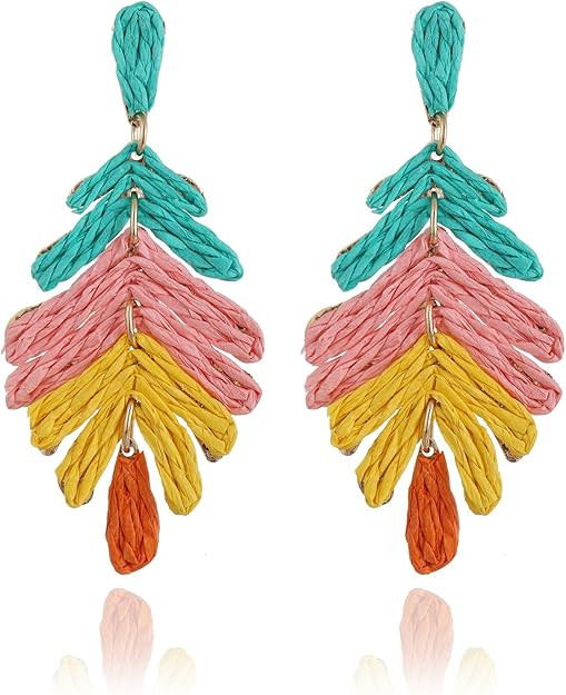 Raffia Long Palm Leaf Earrings, Colorful Handmade Rattan Leaf Drop Dangle Earrings Summer Tropica... | Amazon (US)