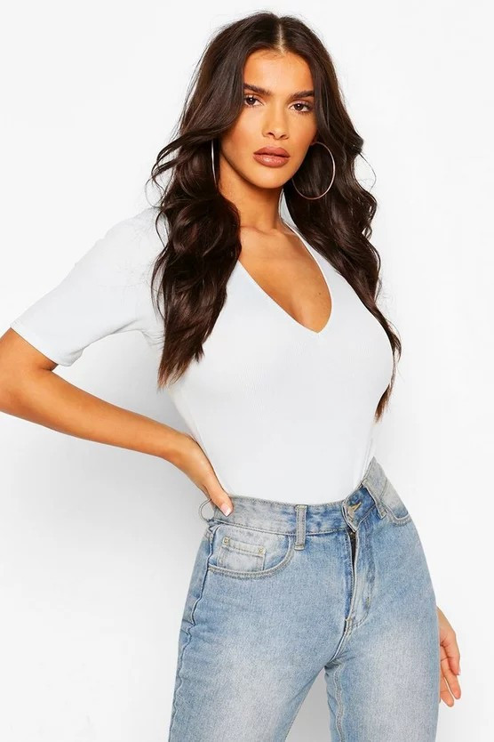 Rib V-Neck Short Sleeve Bodysuit | Boohoo.com (UK & IE)