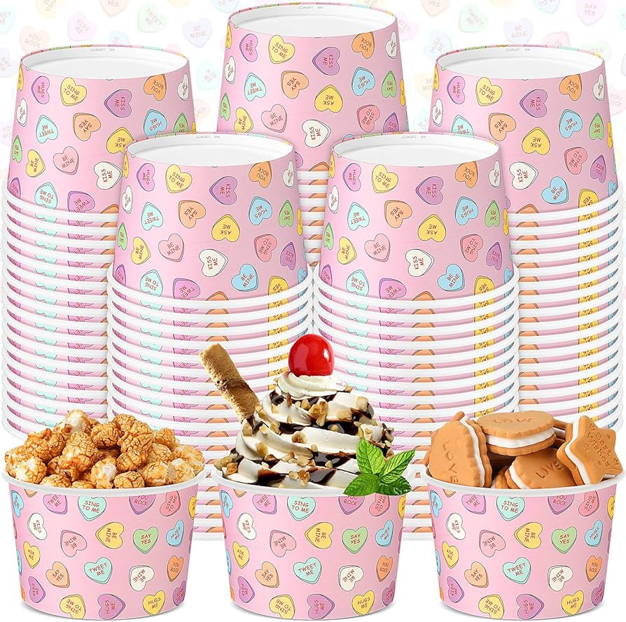 Hsei 50 Pcs 16oz Valentine's Day Treat Snack Cups Conversation Heart Paper Cup Disposable Ice Cre... | Amazon (US)