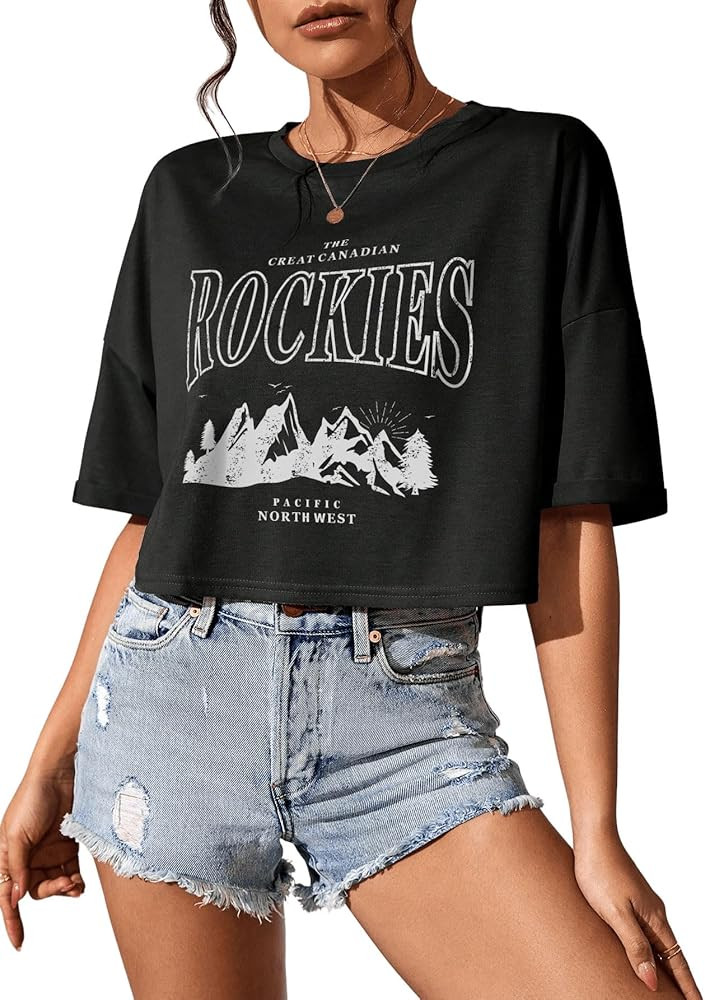 SweatyRocks Women's Letter Graphic Print Streetwear Tops Summer Half Sleeve Crop Loose Casual Tee... | Amazon (US)