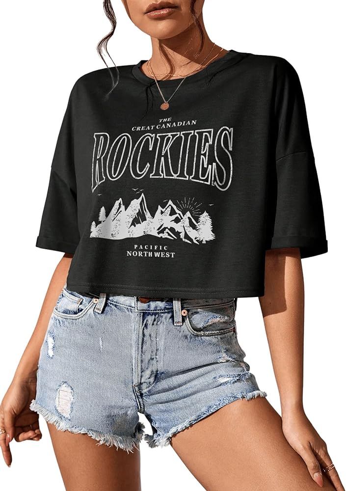 SweatyRocks Women's Letter Graphic Print Streetwear Tops Summer Half Sleeve Crop Loose Casual Tee... | Amazon (US)